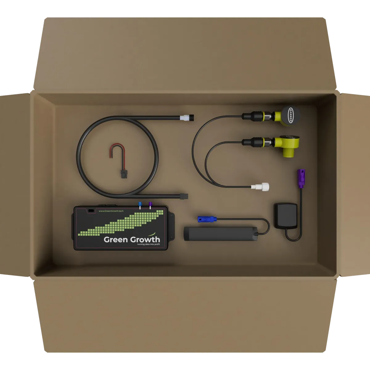 Green Growth retrofit yield monitor kit components — sensors, antennas, telemetry module and connectors in box