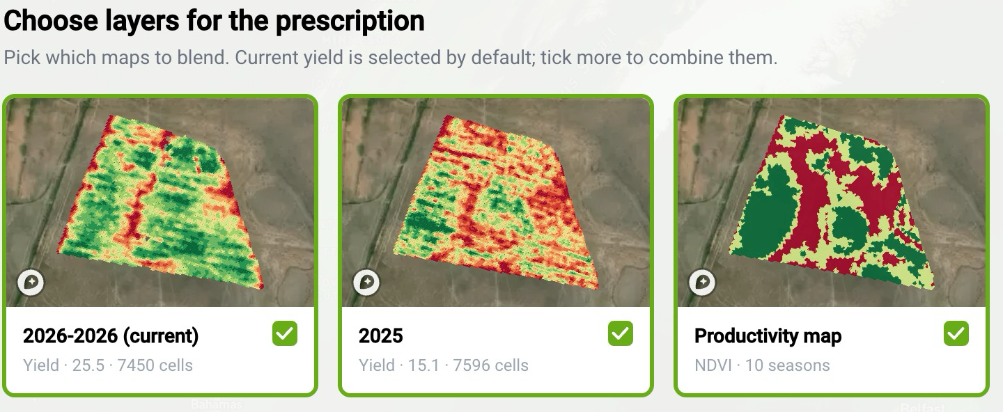 Variable-rate prescription map built from blended yield and satellite layers